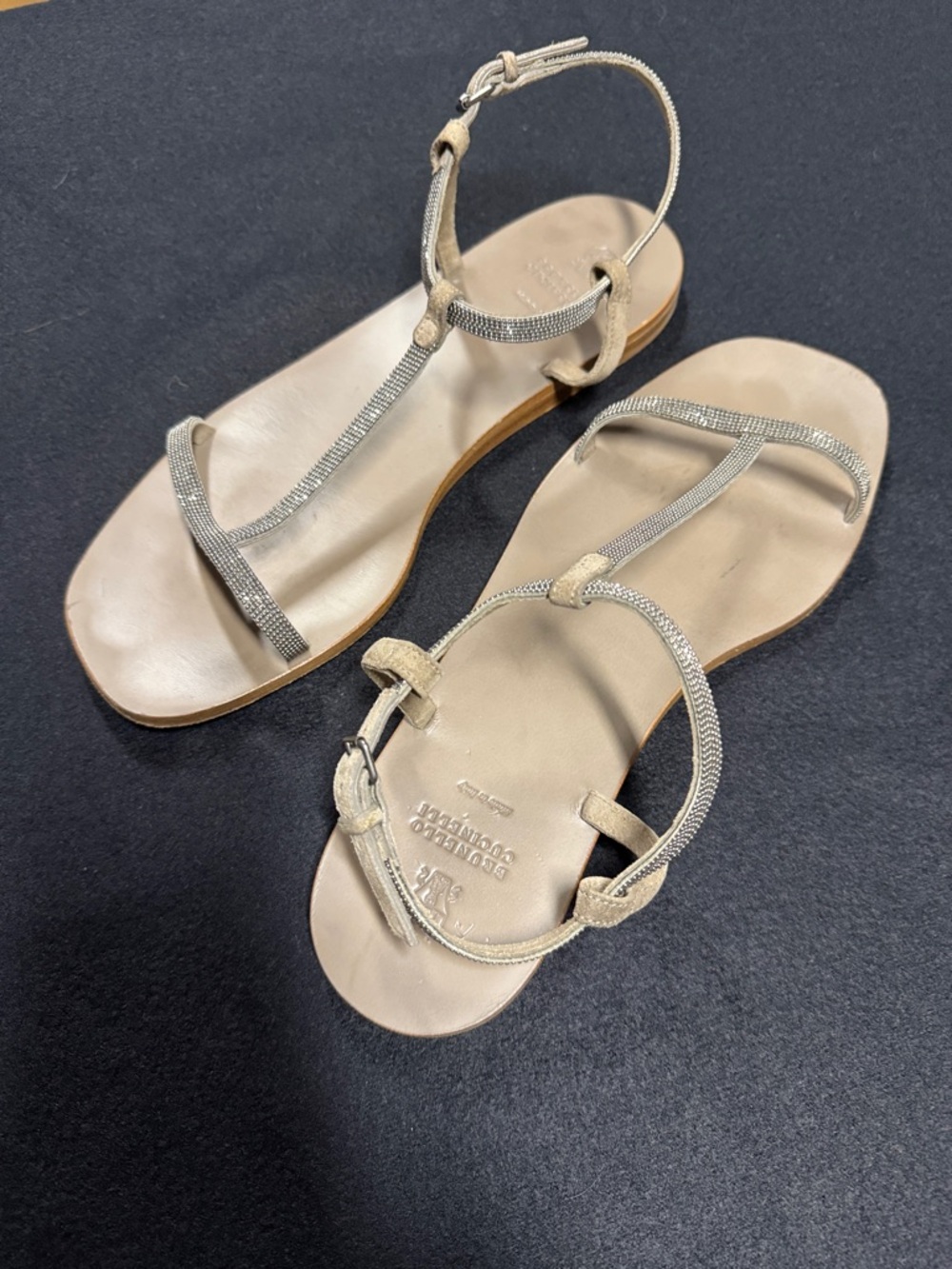 Brunello Cucinelli Metallic Beige T-Strap Sandals